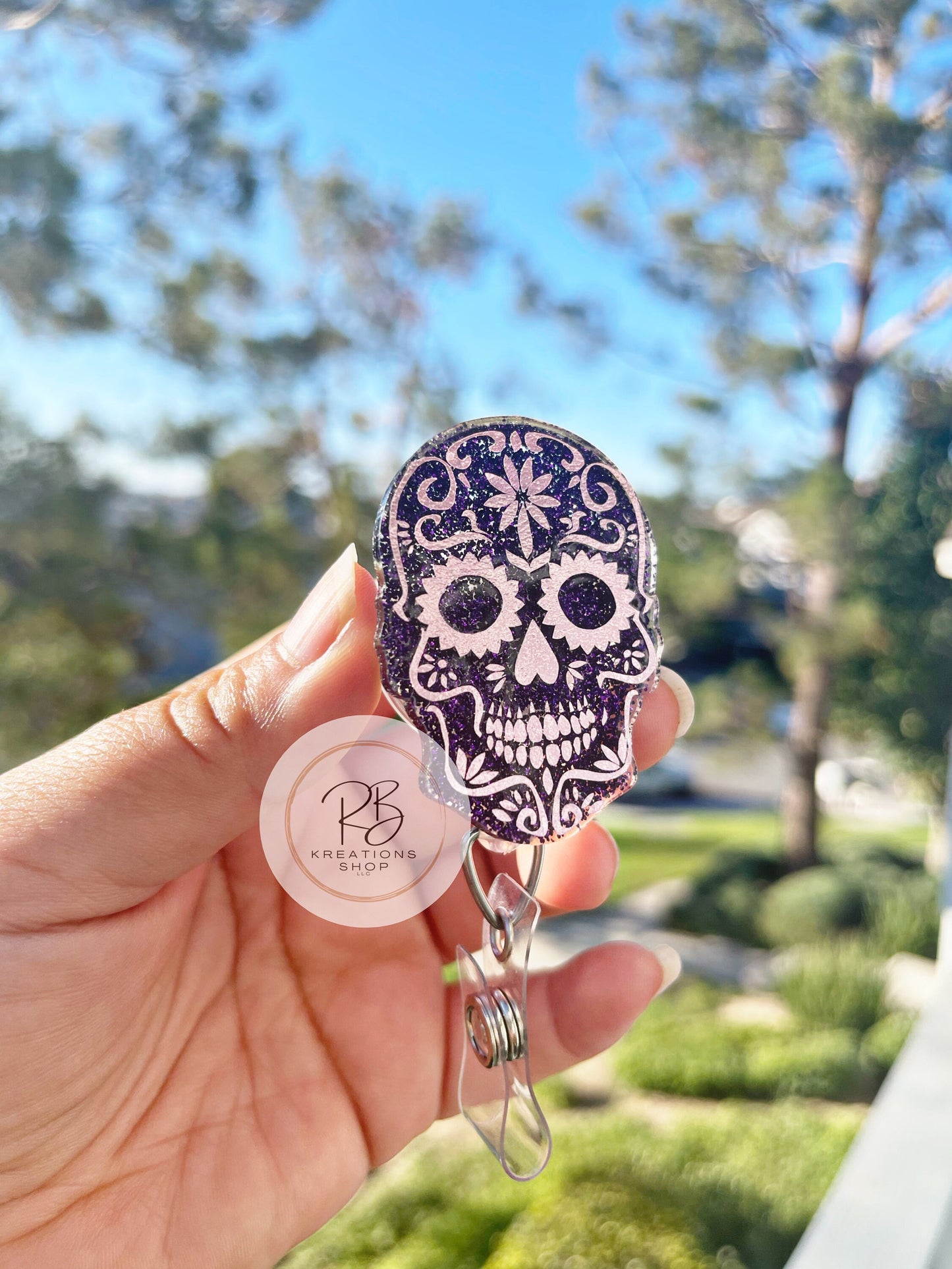 Pink Sugar Skull Badge Reel | Die de Los Muertos Badge Reel | Skull Badge Holder | Holiday Badge Holder | Nurses |