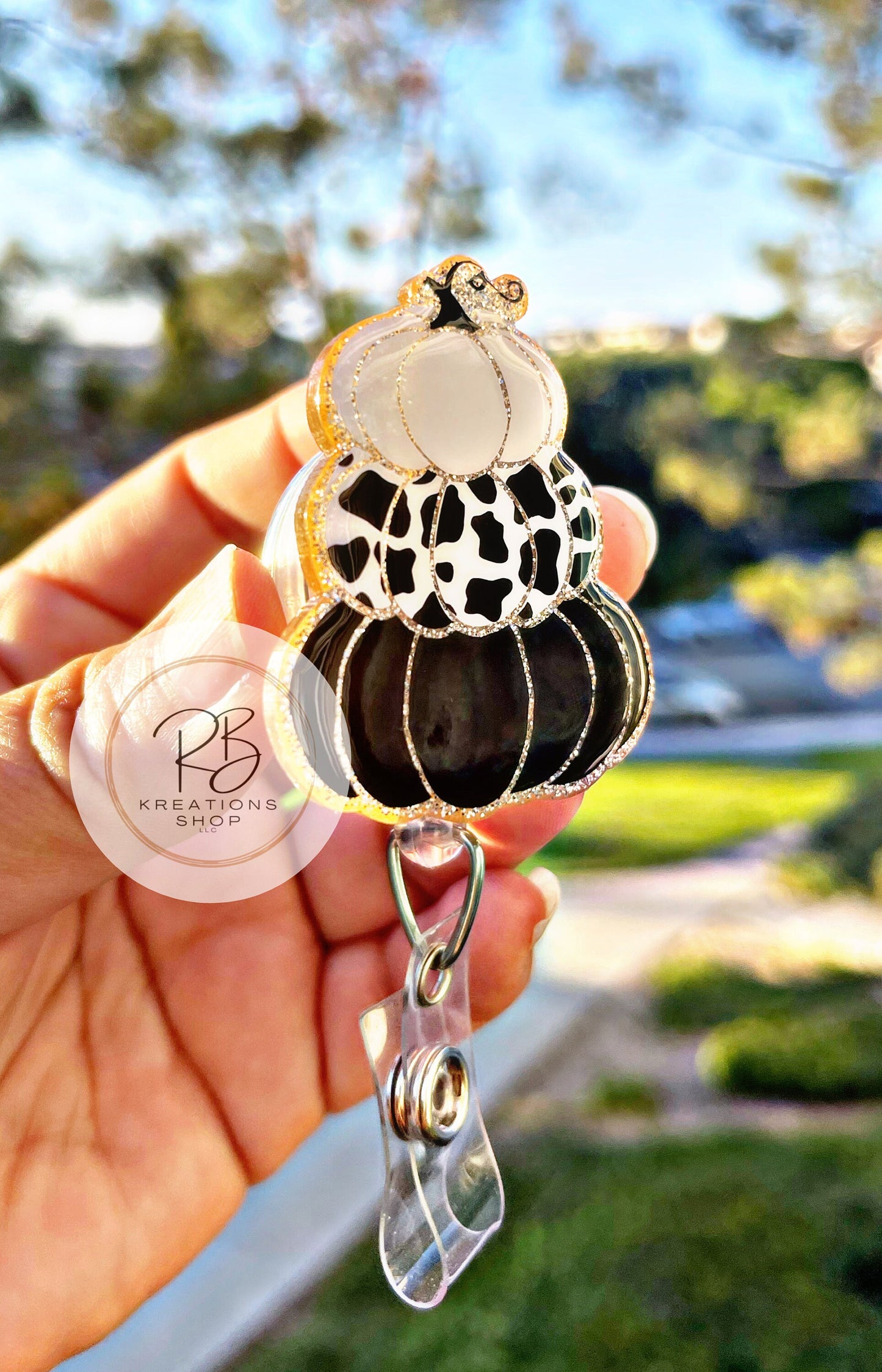 Black and white stacked pumpkins Badge reel | Stackable pumpkins | Medical Badge Reel | Nurses | Retractable | Interchangeable | Cow print