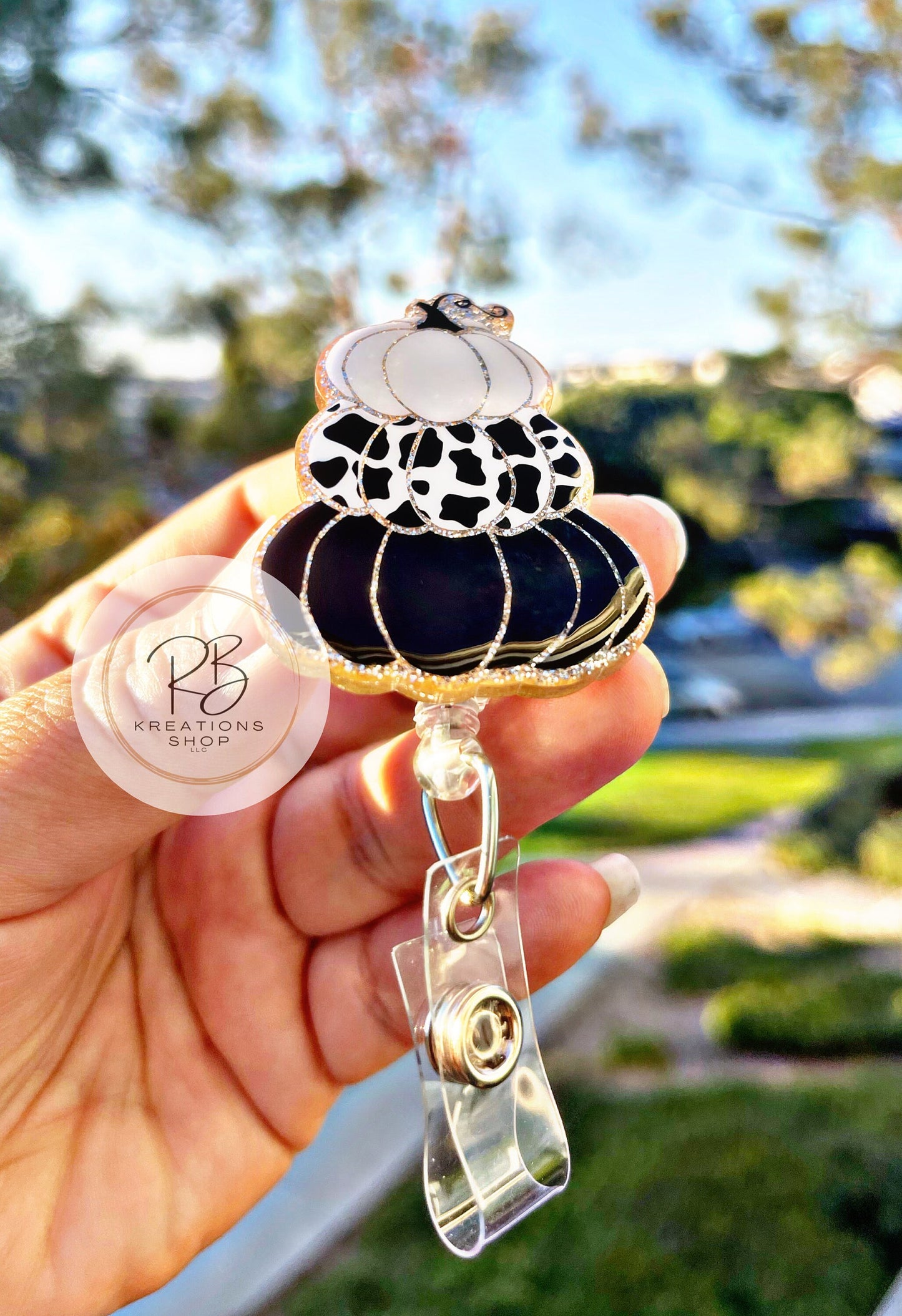 Black and white stacked pumpkins Badge reel | Stackable pumpkins | Medical Badge Reel | Nurses | Retractable | Interchangeable | Cow print