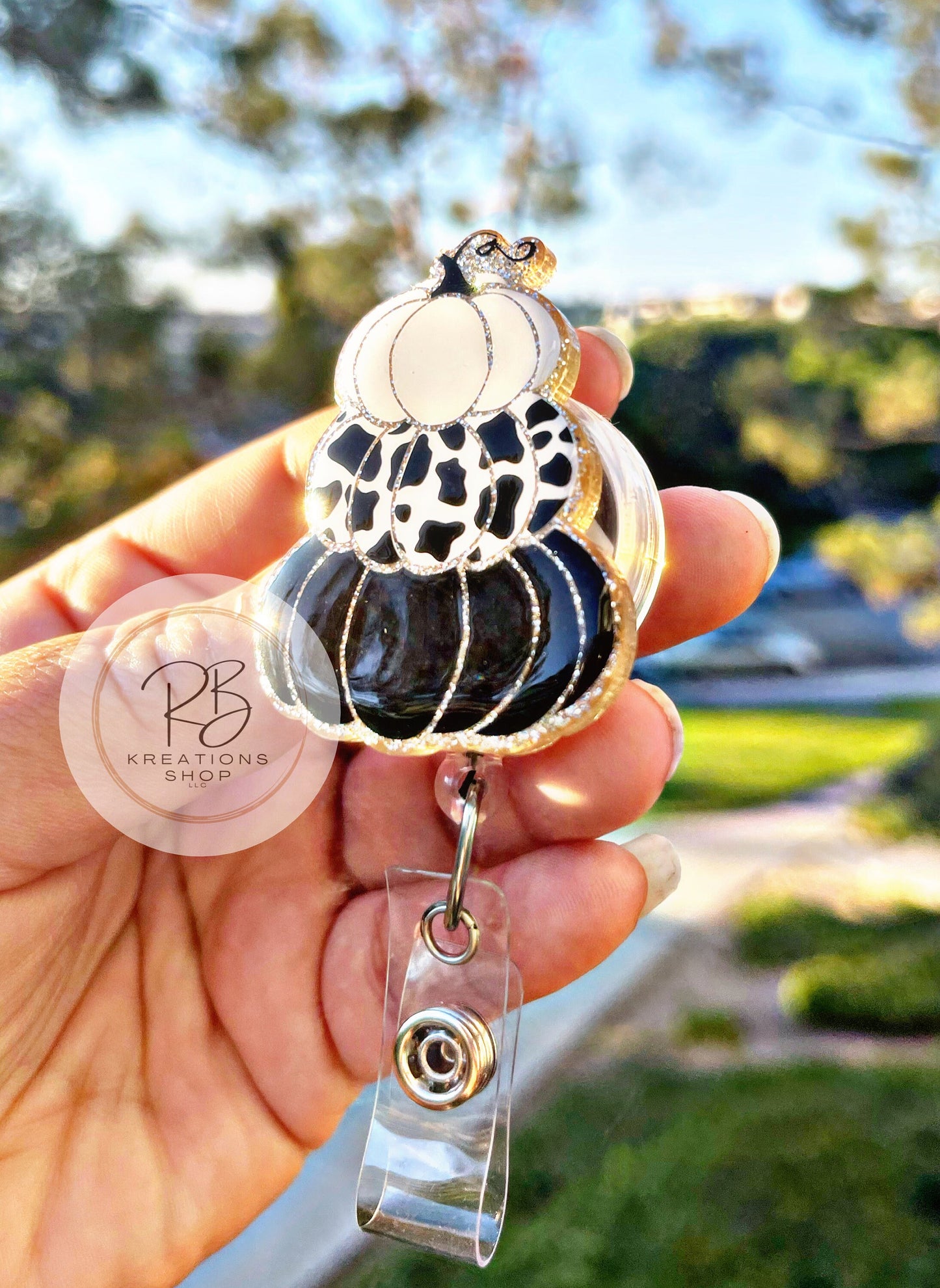 Black and white stacked pumpkins Badge reel | Stackable pumpkins | Medical Badge Reel | Nurses | Retractable | Interchangeable | Cow print