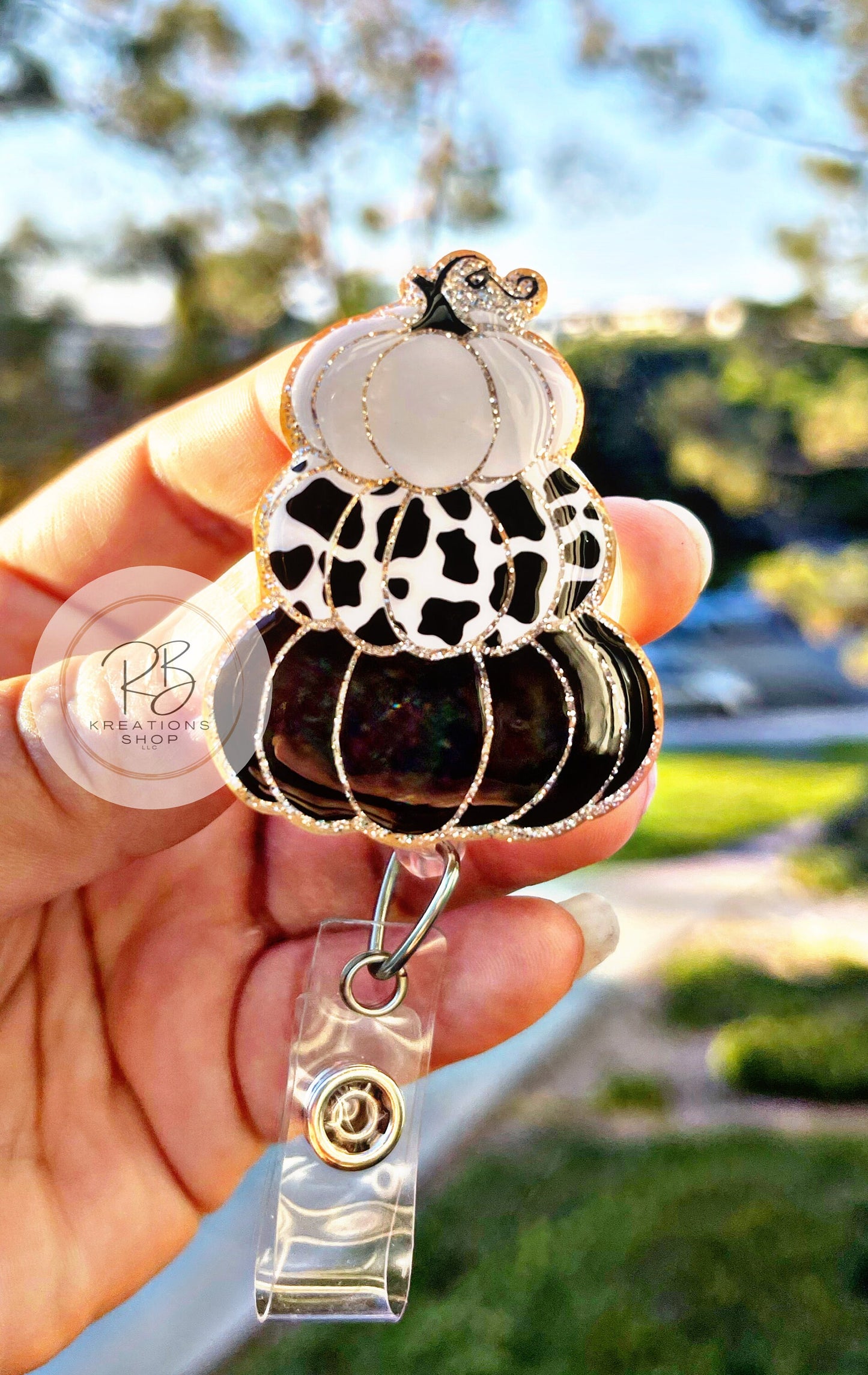 Black and white stacked pumpkins Badge reel | Stackable pumpkins | Medical Badge Reel | Nurses | Retractable | Interchangeable | Cow print