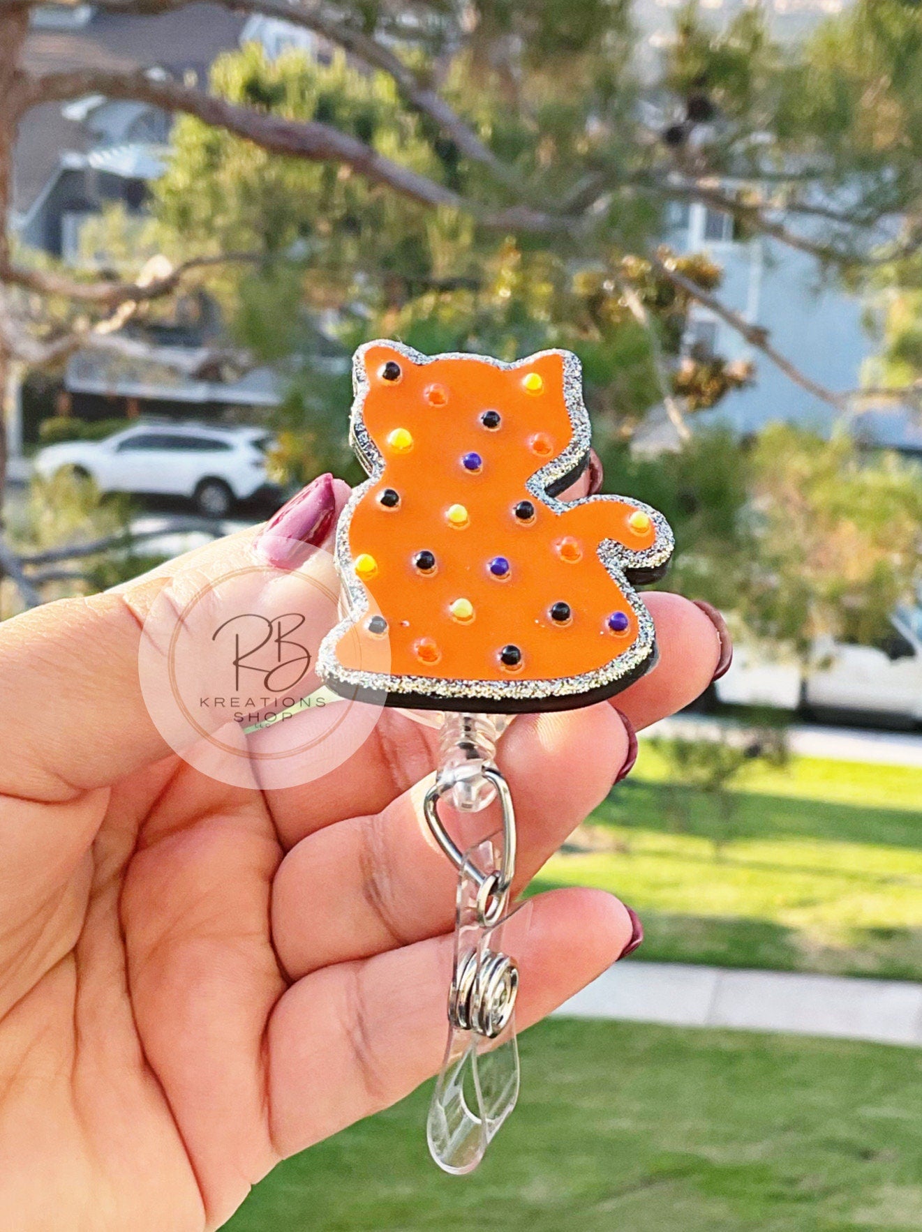 Cat Halloween cookie |Halloween animal cookie Badge reel | Medical Badge Reel | Nurses | Retractable | Interchangeable |