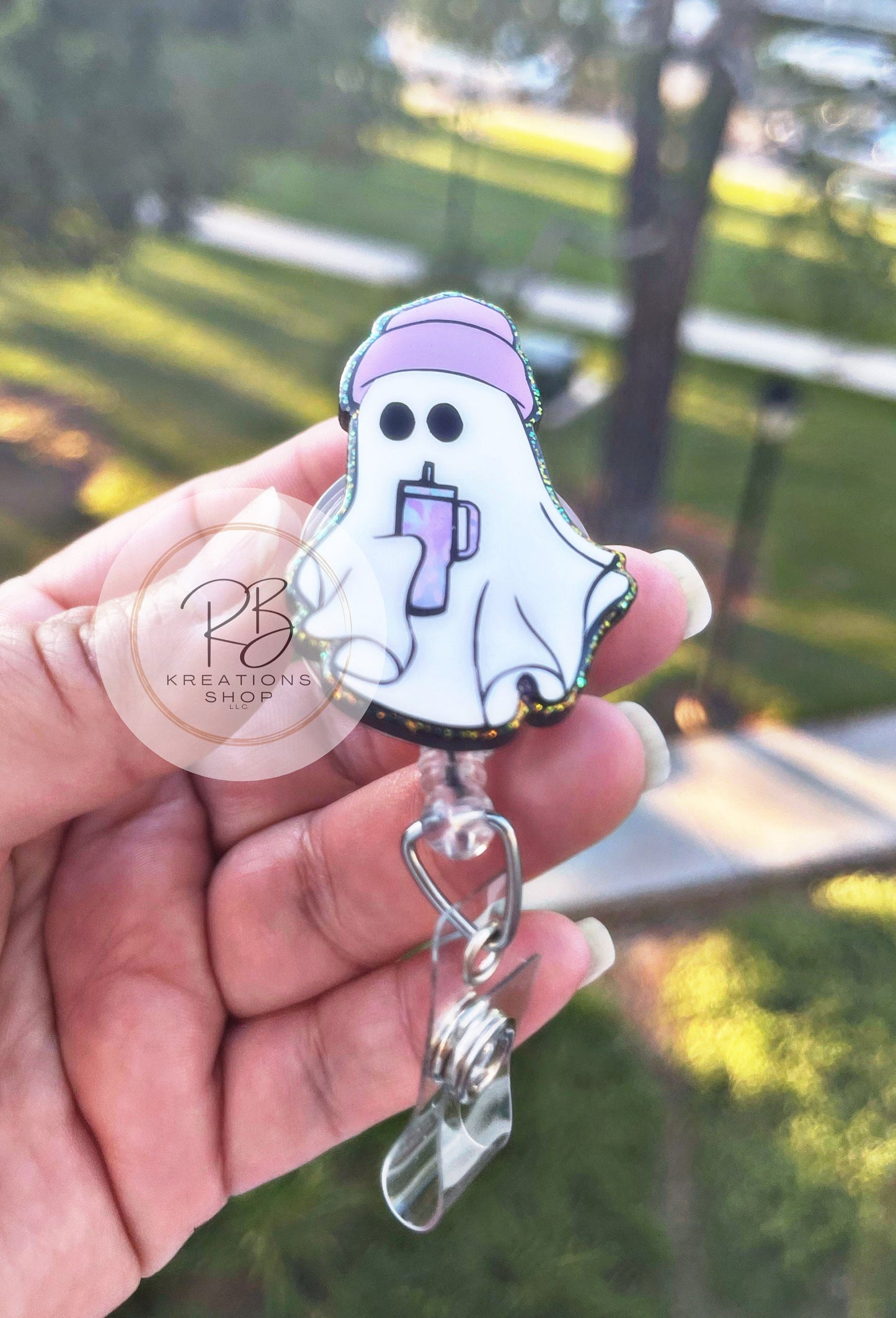 Boujee Ghost with coffee badge reel | Boujee ghost badge holder  |Halloween Badge reel | Medical Badge Reel  | Retractable | Interchangeable