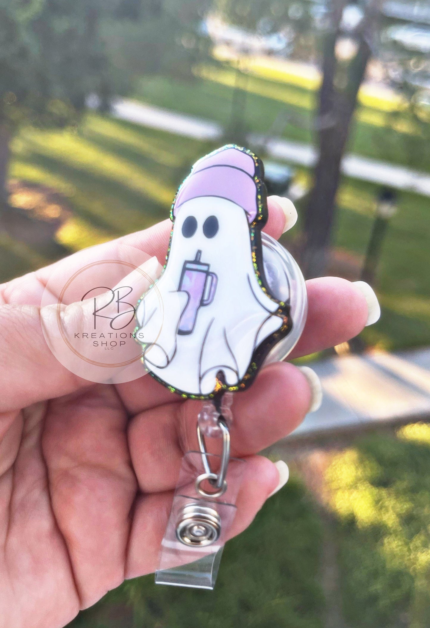 Boujee Ghost with coffee badge reel | Boujee ghost badge holder  |Halloween Badge reel | Medical Badge Reel  | Retractable | Interchangeable