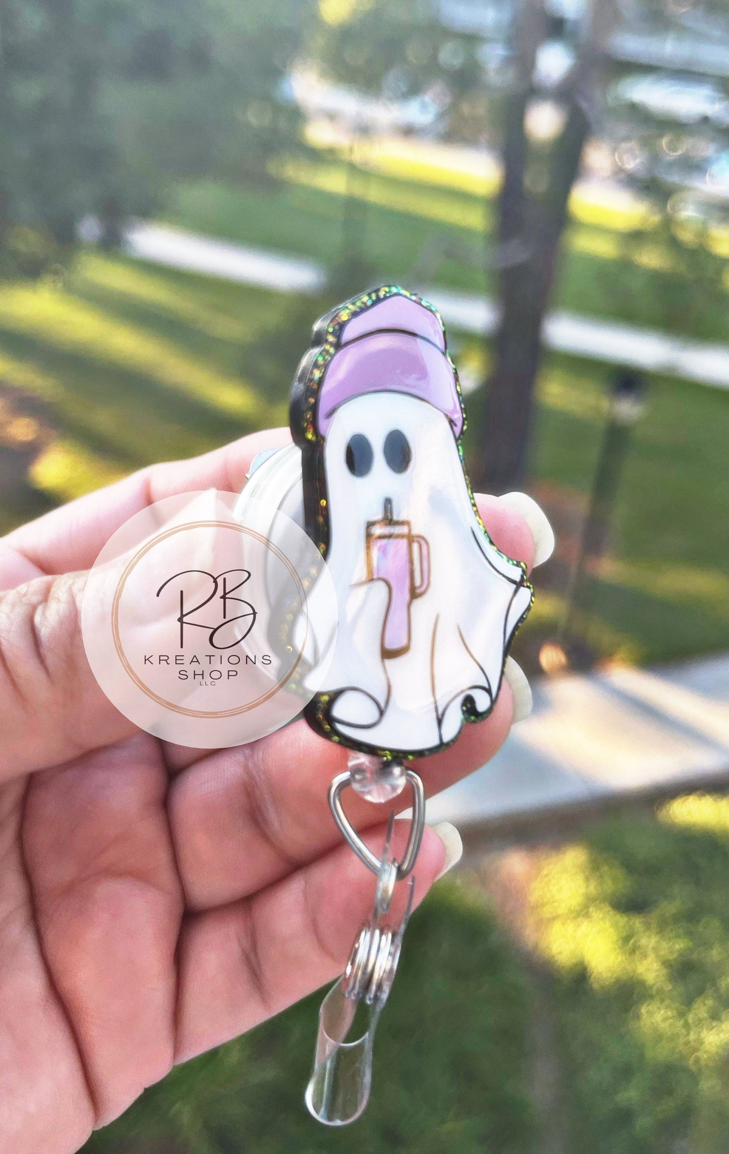 Boujee Ghost with coffee badge reel | Boujee ghost badge holder  |Halloween Badge reel | Medical Badge Reel  | Retractable | Interchangeable