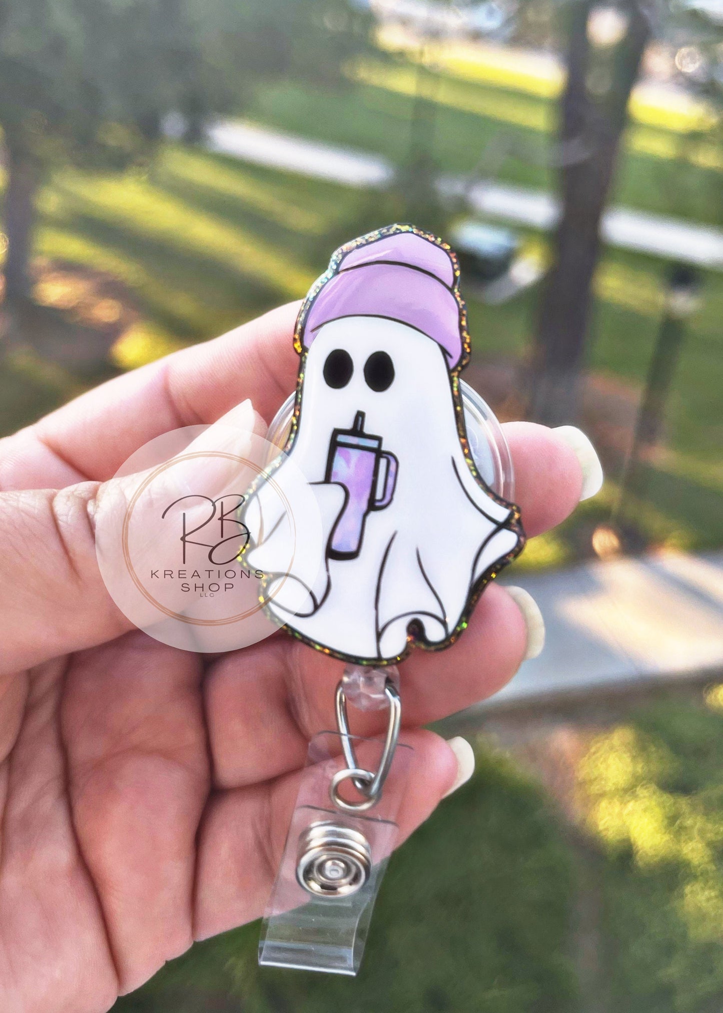 Boujee Ghost with coffee badge reel | Boujee ghost badge holder  |Halloween Badge reel | Medical Badge Reel  | Retractable | Interchangeable