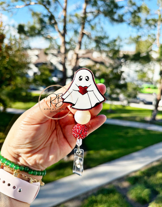 Heart Ghost beaded badge reel | Valentines Day Badge reel | Spooky Love badge reel | | Interchangeable | Valentine Ghost Badge holder